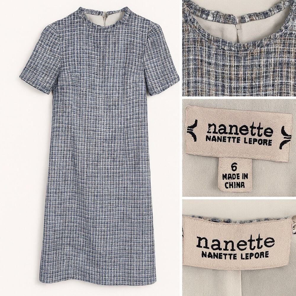 Nanette Lepore Size 6 Tweed Dress Blue Multicolor Metallic Short Sleeve Zip Back